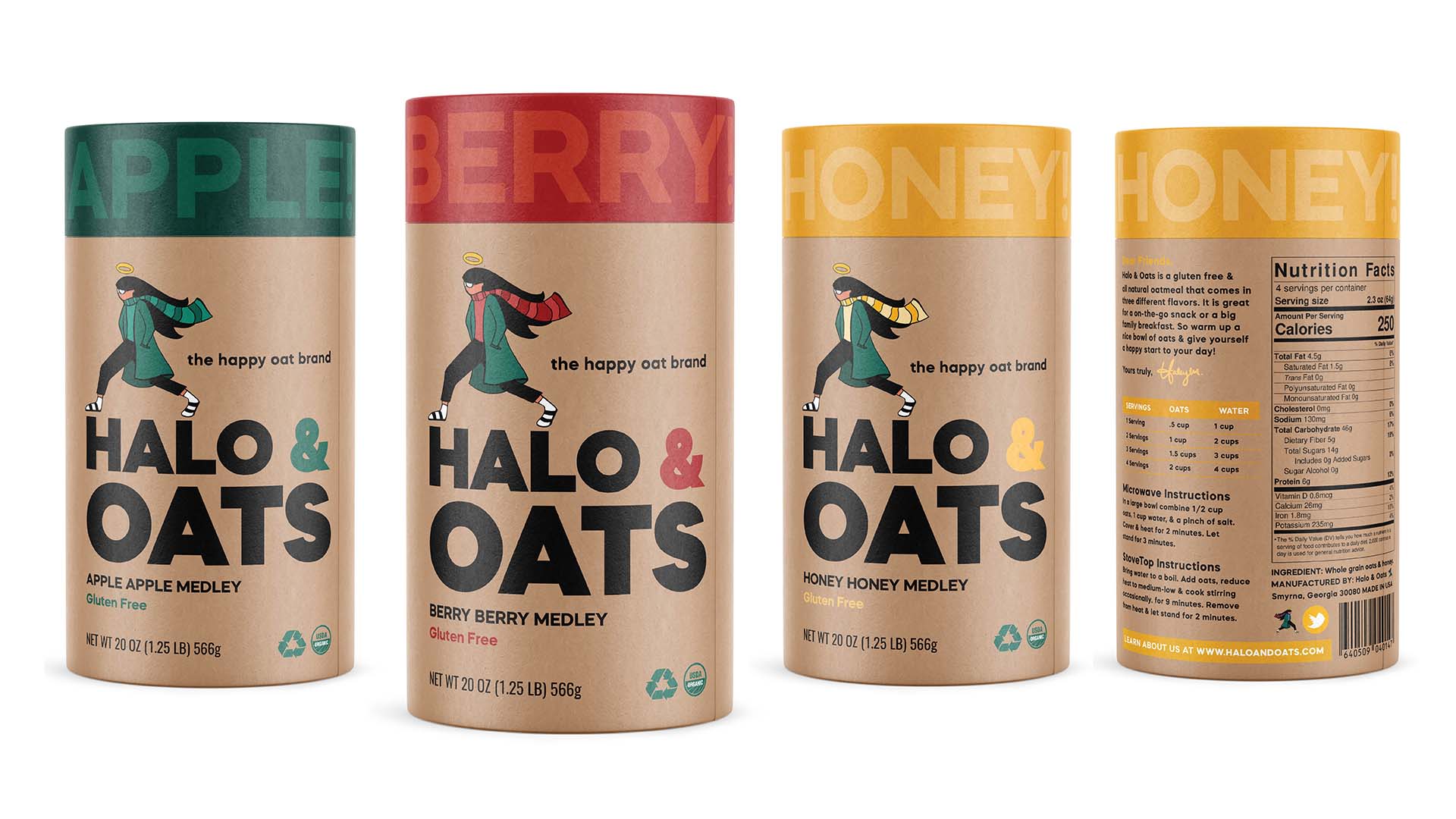  / “Halo & Oats,” Product branding and label design, 4 x 6 inches, 2021. Halo & Oats is a brand designed for a tasty & all-natural oatmeal.  