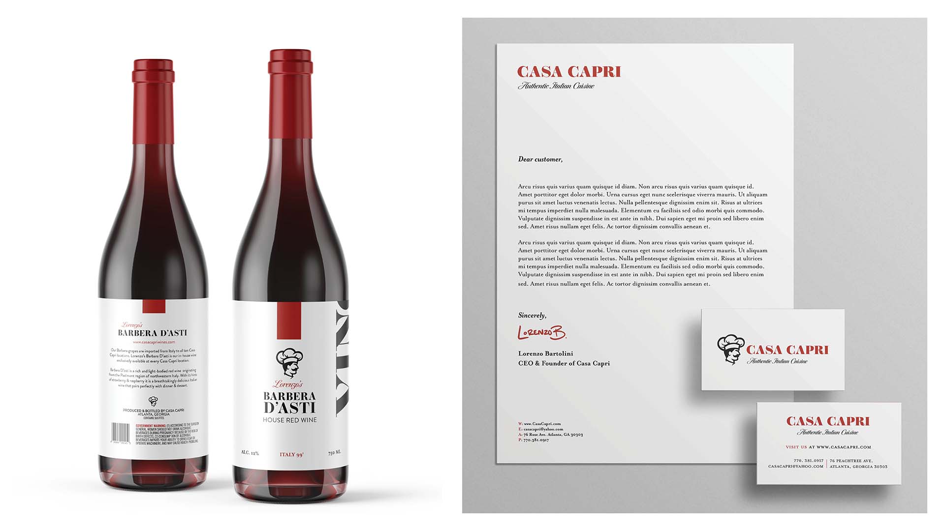  / "“Casa Capri,” brand identity system and wine label design, letterhead: 8.5 x 11 inches, business card: 2 x 3.5 inches, wine label: 3.5 x 4 inches, 2021. Casa Capri is an upscale Italian restaurant brand capturing the elegance of Capri, Italy." 