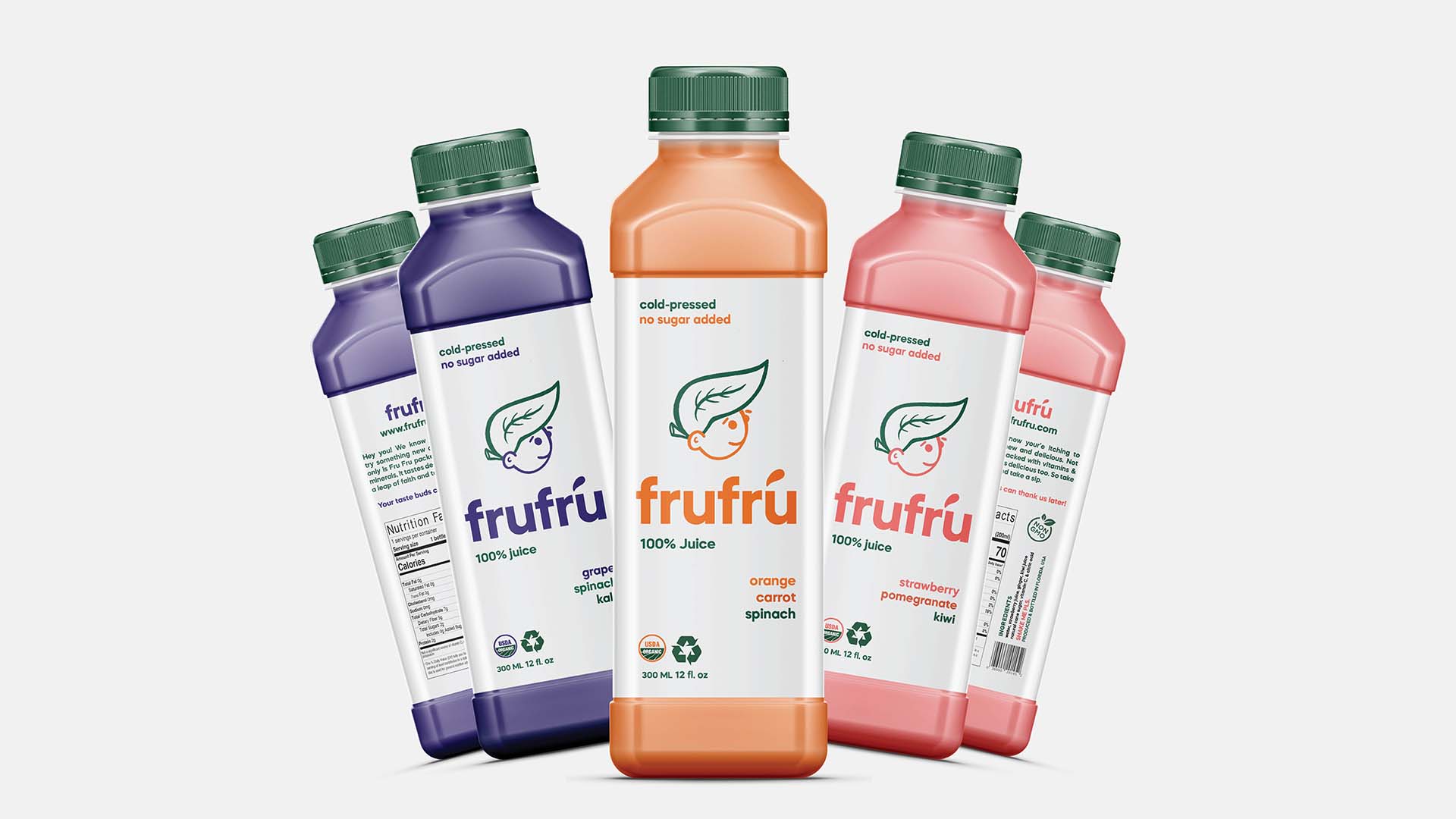  / “Fru Fru,” Product branding and label design, 2.5 x 4 inches 2021. Fru fru is a bright and colorful juice brand intended for all ages. 