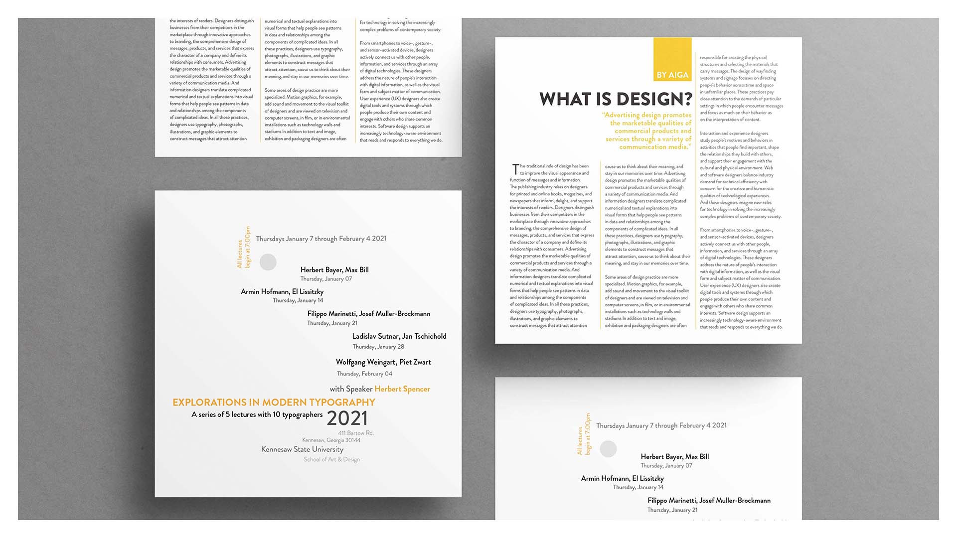  / “Exploration of Typography Layouts,” single-page layout design, print, 8 x 8 inches, 2021. Improvisational and traditional single page designs.  