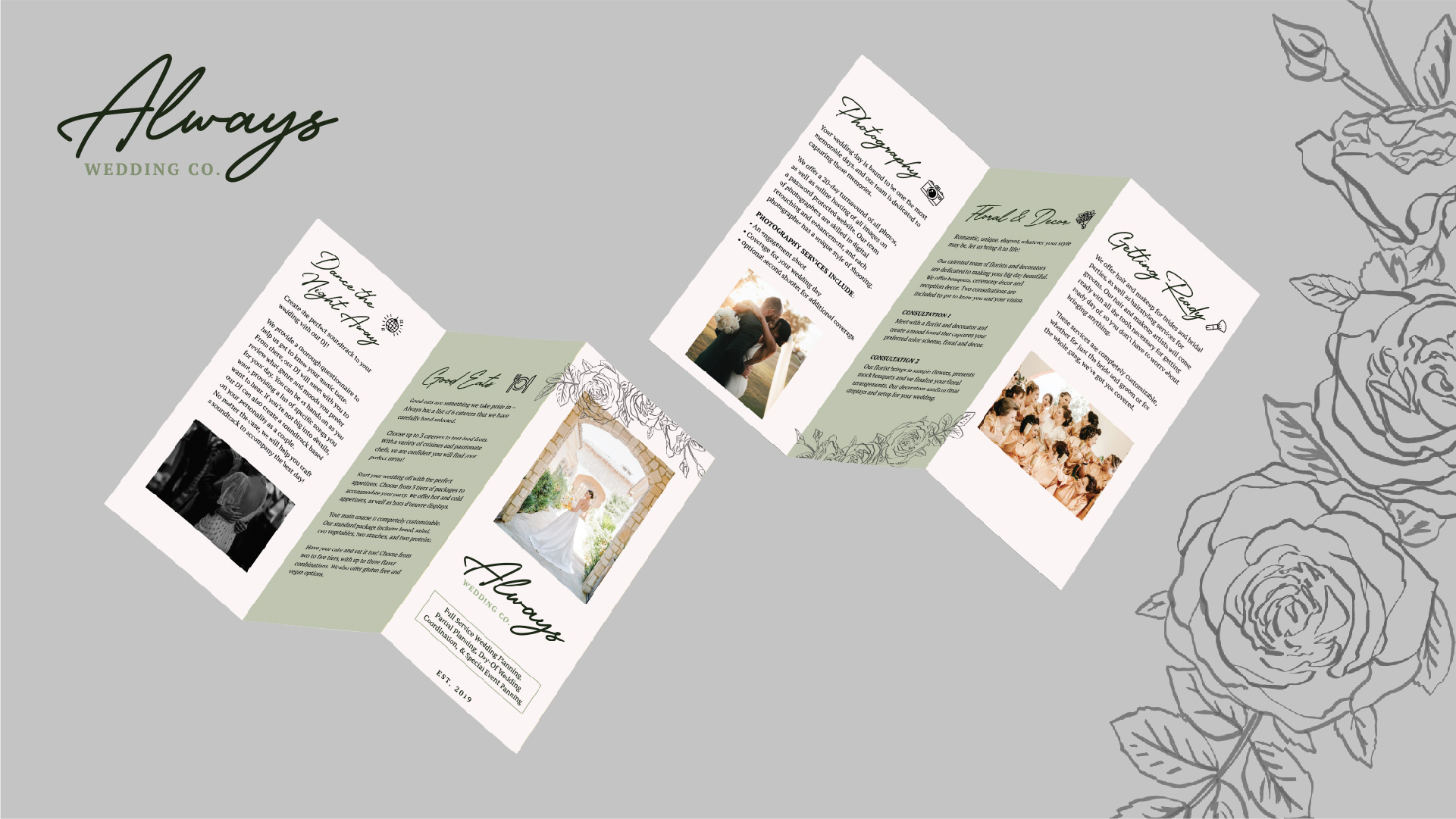  / “Always, Wedding Company Brochure,” informational brochure, 11 x 8.5, 2021. This brochure acts as an advertisement/informational piece for Always, a wedding planning company. The brochure outlines the different services Always offers. 