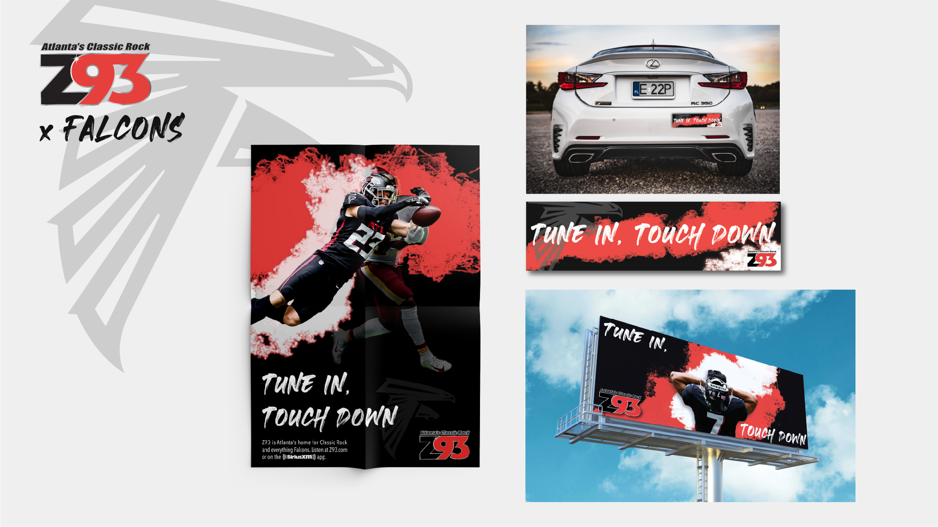  / “Z93 x Falcons, Print Campaign,” print ads, various sizes, 2021. A print campaign for Z93, Atlanta’s classic rock station, advertising the message that they are the prime station for tuning into the Falcons’ football games.  