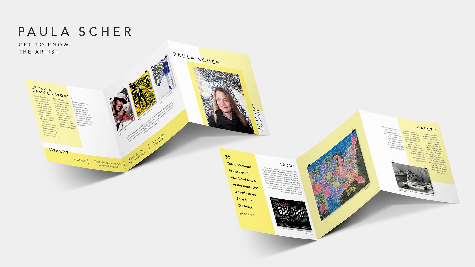  / “Paula Scher, Get to Know the Artist,” biography brochure, 24 x 8 inches, 2021. This brochure includes a short biography of Paula Scher, outlining her upbringing, career, style, awards, and artwork. 