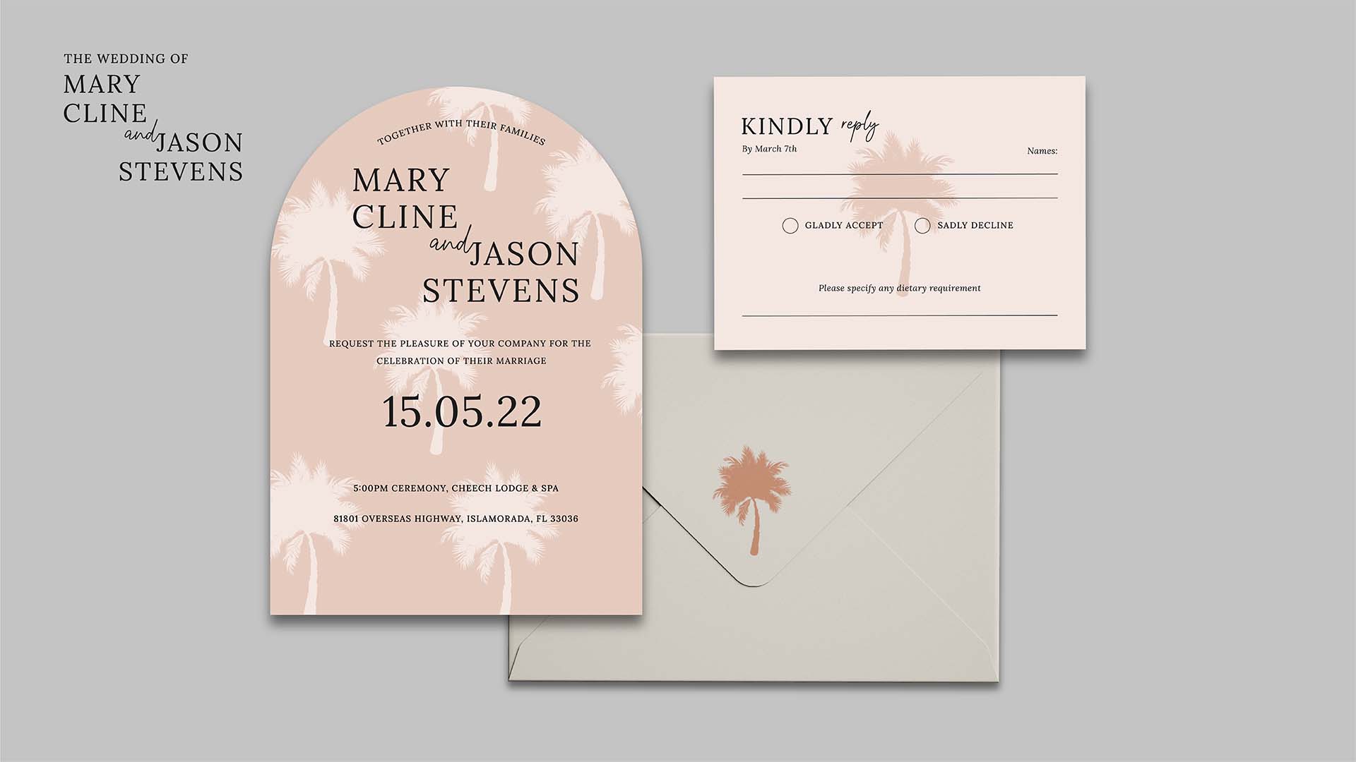  / Wedding stationery, various sizes, 2021. This wedding stationery acts as a set of cohesive, themed designs, that set the tone and the theme for the wedding of Mary and Jason.