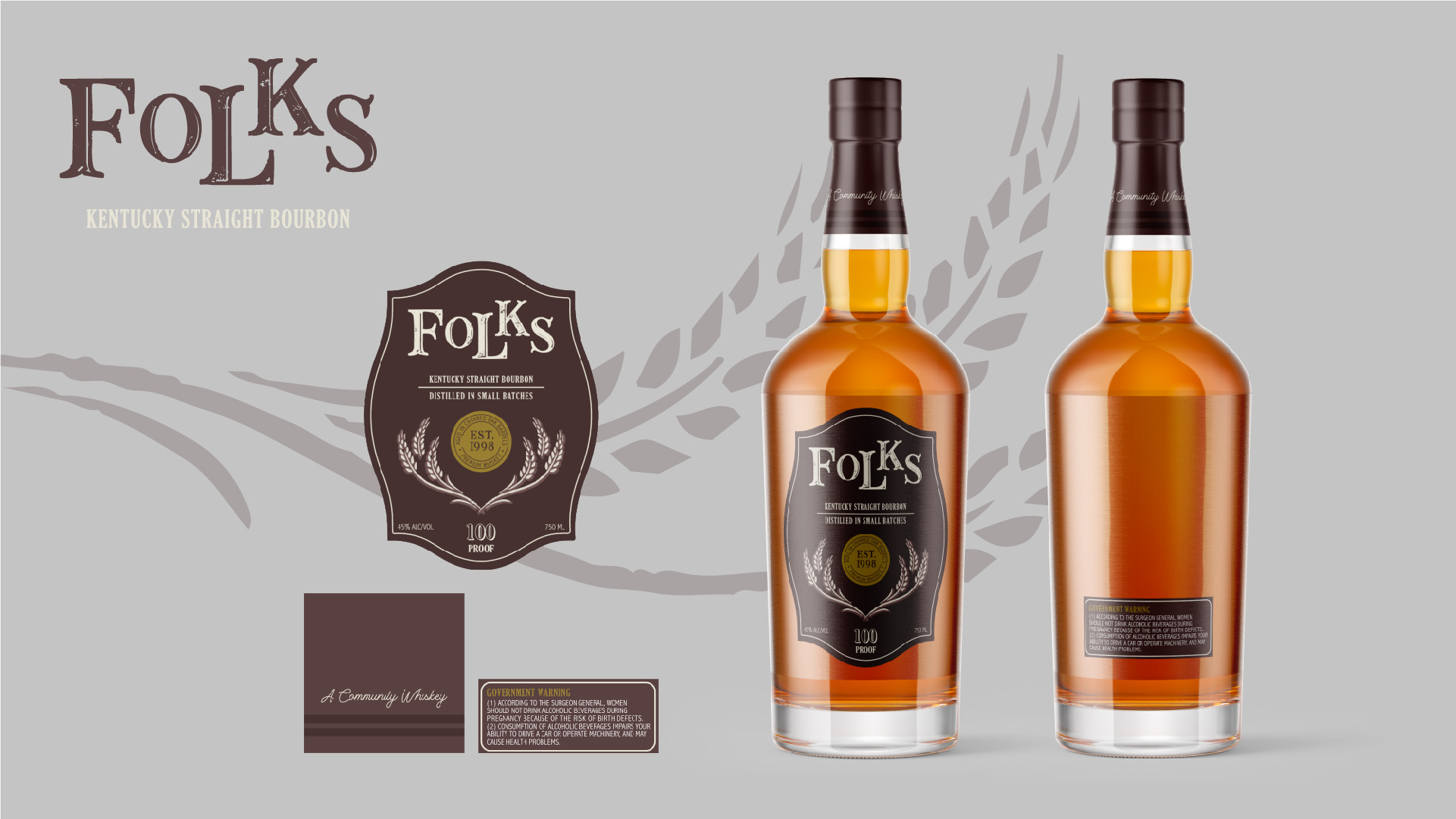  / "“Folks, Kentucky Straight Bourbon,” glass bottle labels, various sizes, 2021. Label design made up of three separate labels to show off the brand Folks. Intended to stand amongst other middle-shelf bourbons and to be enjoyed amongst the demographic of bourbon drinkers in the southern United States. " 