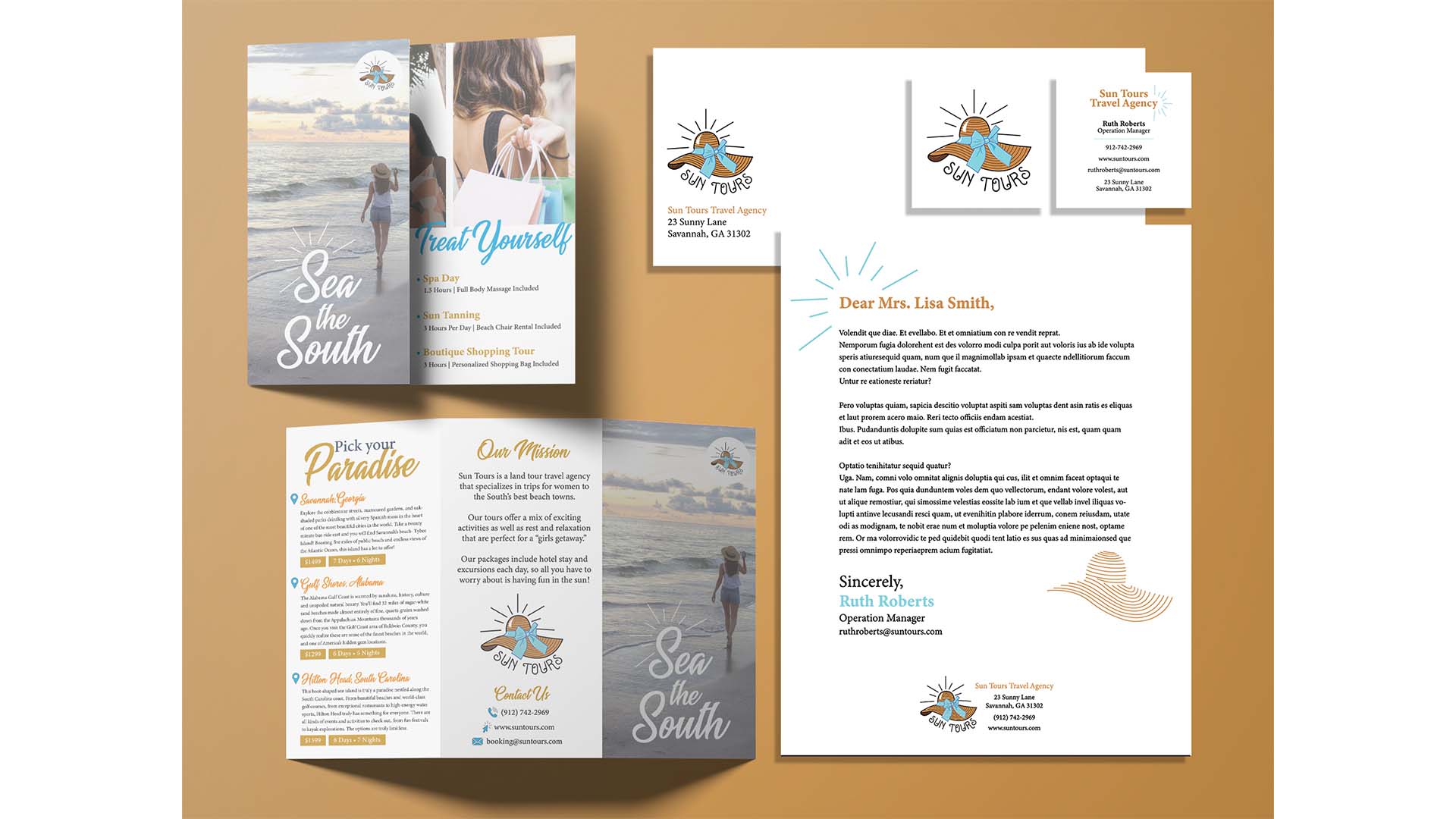  / “Sun Tours Travel Agency,” brand identity, 2020. These are a stationery set and a brochure for a travel agency specializing in trips for women to southern beaches.