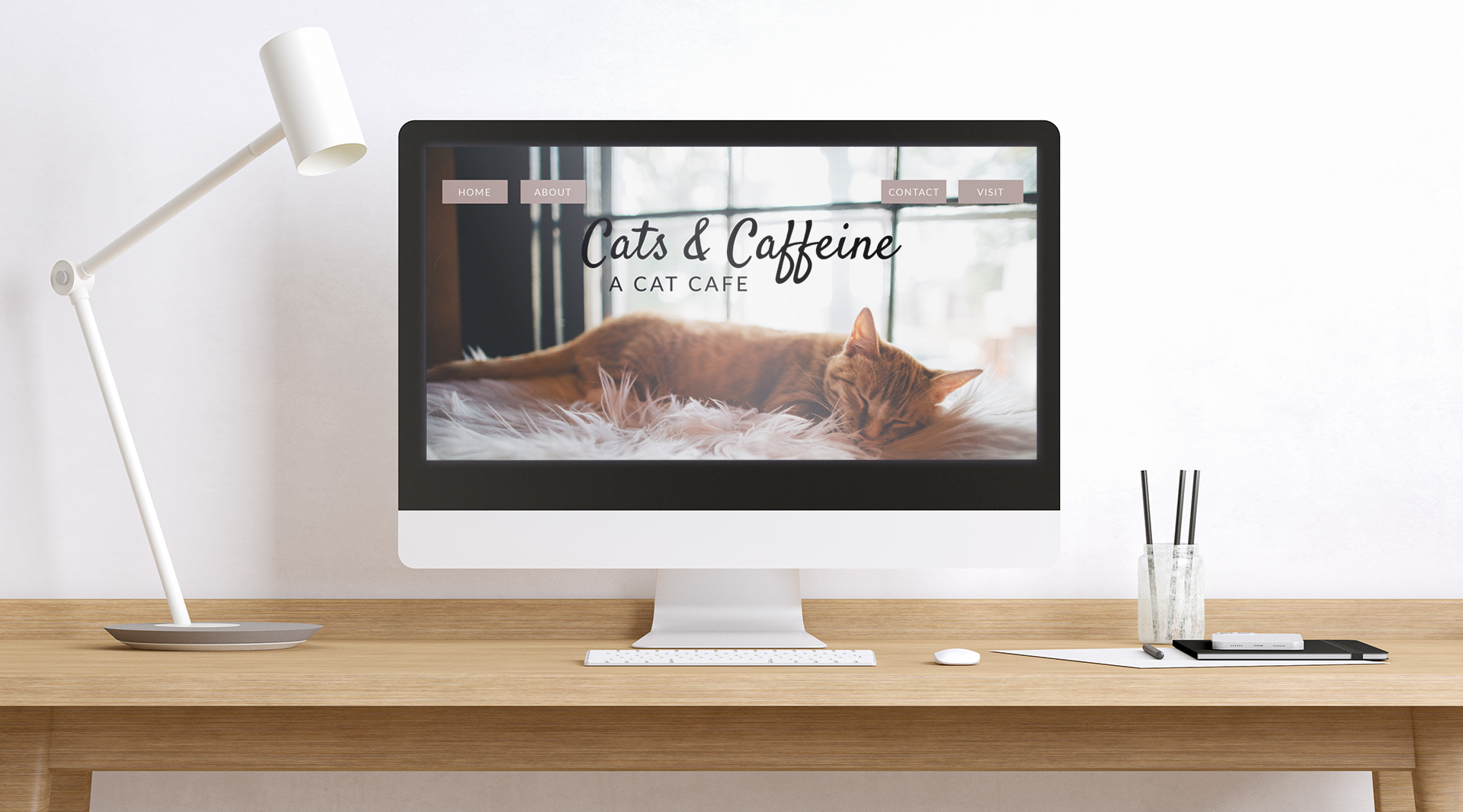  / “Cats & Caffeine,” website design, 2020. This is a homepage design for a cat café. 