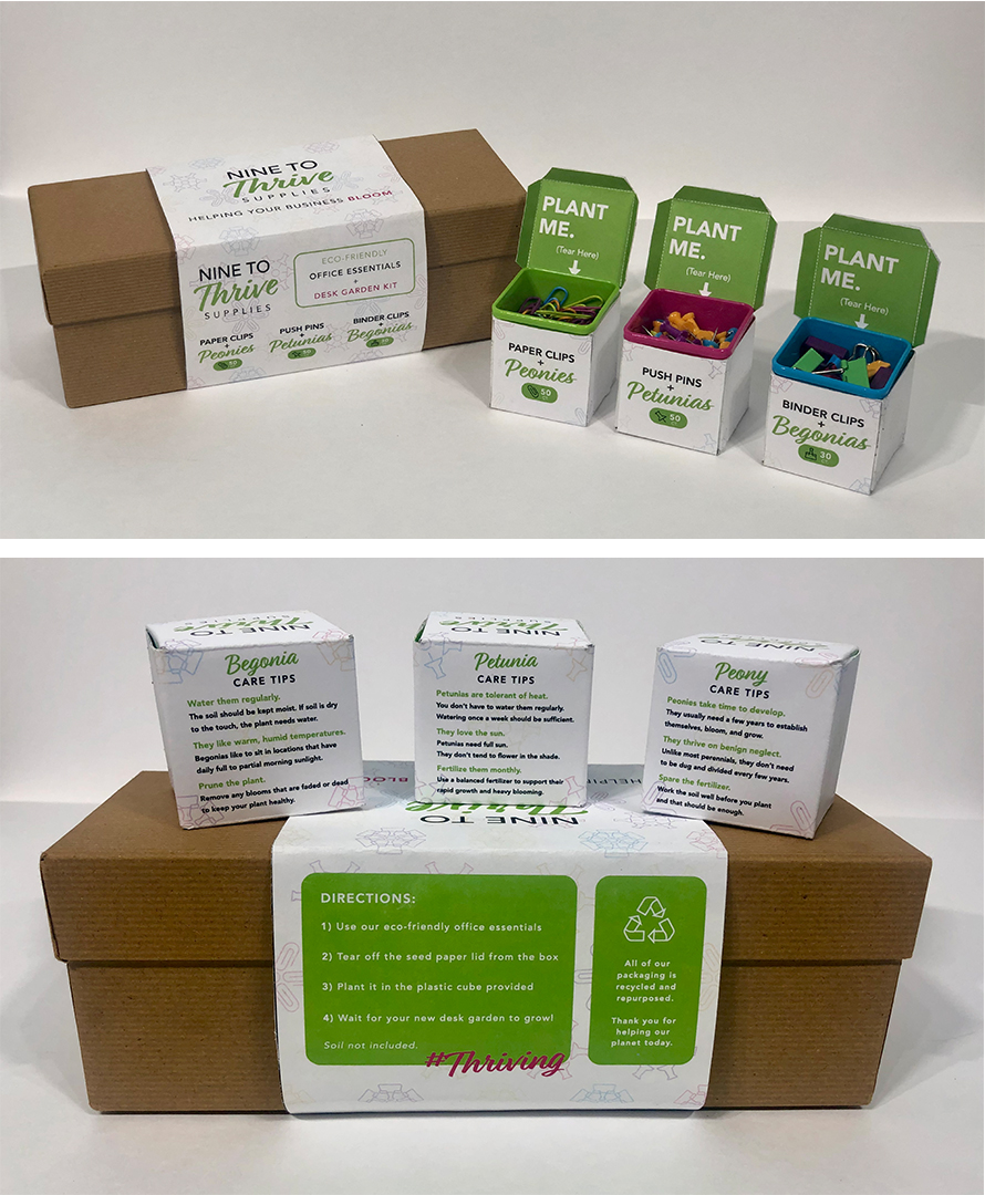  / “Nine to Thrive Supplies,” packaging design, 2020. This packaging for office supplies is made from seed paper and can be planted to make a desk garden.