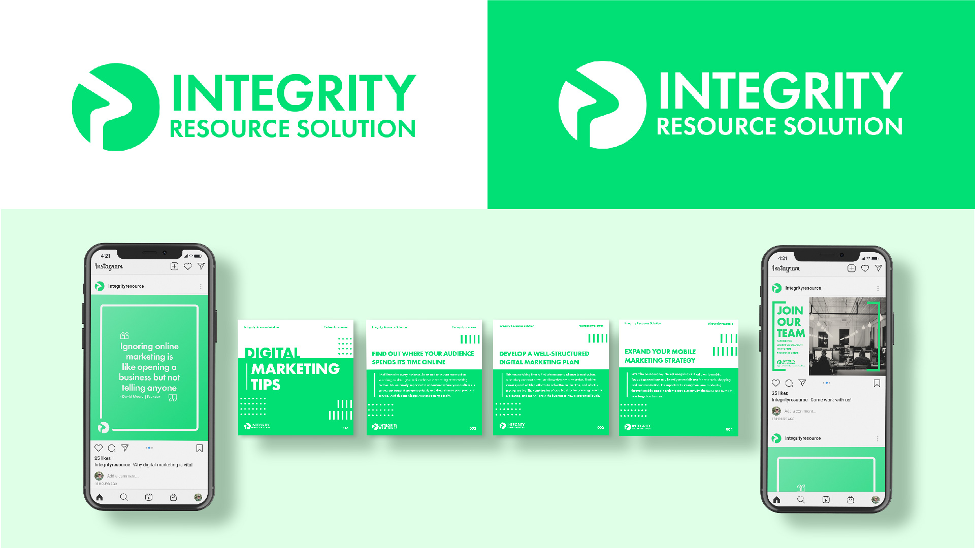  / “Integrity Resource Solution,” logo and social media, 2020. Logo and social media content made for Integrity Resource Solutions based in Atlanta, Ga. They focus on delivering digital marketing and seo services to their clients. 