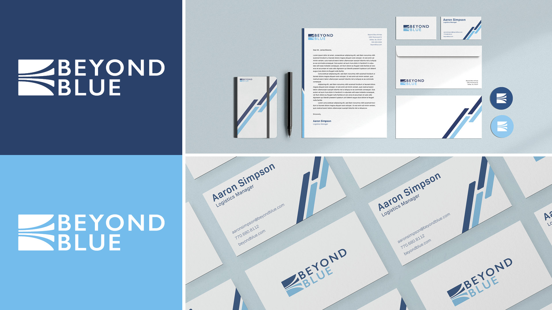  / “Beyond Blue,” logo and stationery, 2020. Logo made for Beyond Blue, and airlines service that wants to brand themselves as strong and dependable to their customers.