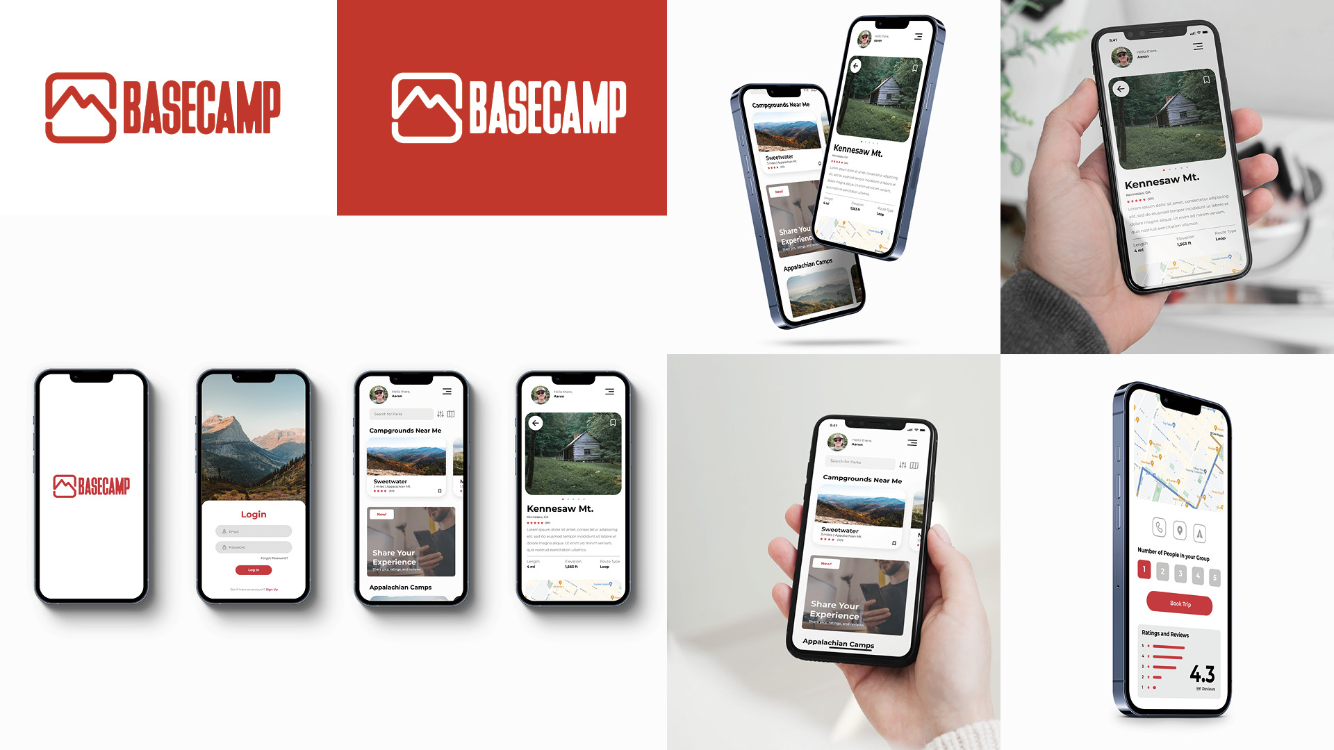  / “Basecamp,” UX/UI, 2021. An app that helps outdoorsy people find hiking trails and camping sites in their local area. 