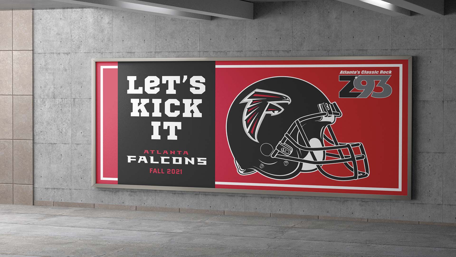  / “Let’s Kick It”'; Billboard Advertisement, 28 x 11 feet print ad, 2021. Subway advertisement created in collaboration with Z93 to encourage local involvement and interest in the Atlanta Falcons’ 2021 football season. 
Caption
