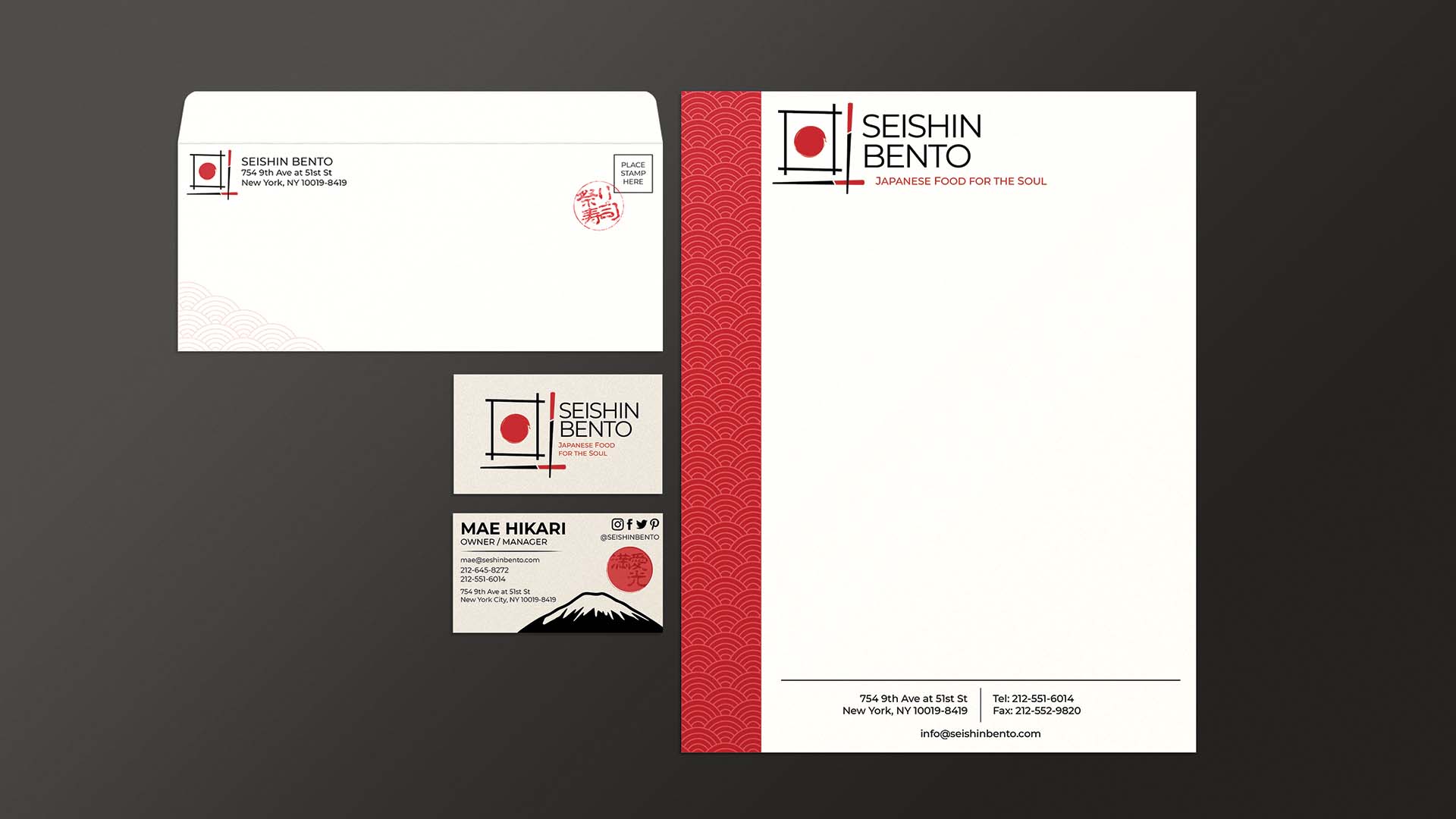  / “Seishin Bento”; Business Suite, 2.5 x 3 inches business card, 4.125 x 9.5 inches envelope, 8.5 x 11 inches letterhead, 2021. Stationery created for a Japanese restaurant (Seishin Bento) to provide a unified brand aesthetic when communicating via print methods. 