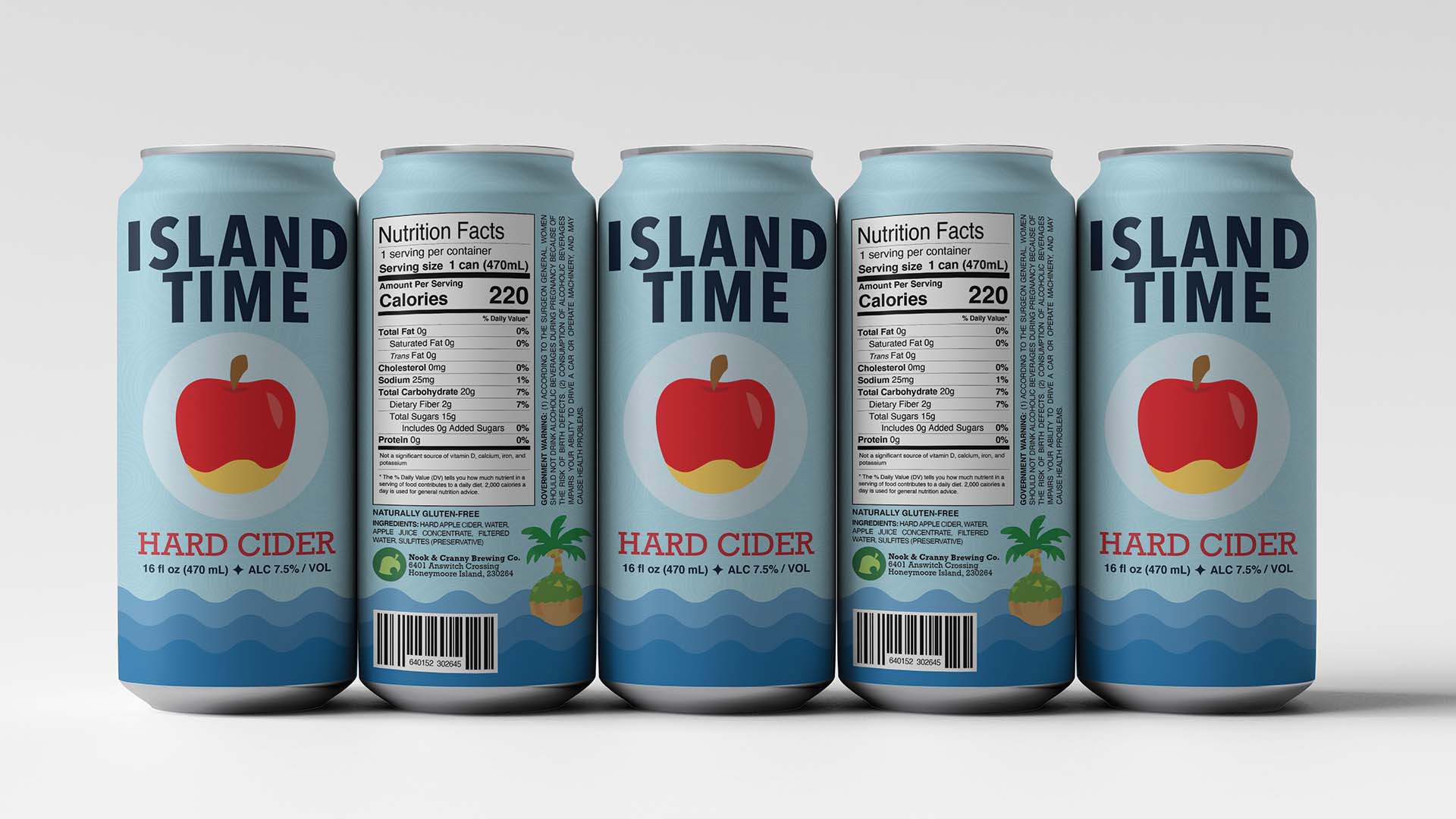  / “Island Time Hard Cider”; Hard Cider Can, 5 x 2.7 x 2.7 inches, metal packaging, 2021. Hard Cider packaging designed to appeal to a younger adult crowd through minimalistic design, soothing colors, and relaxing imagery. 