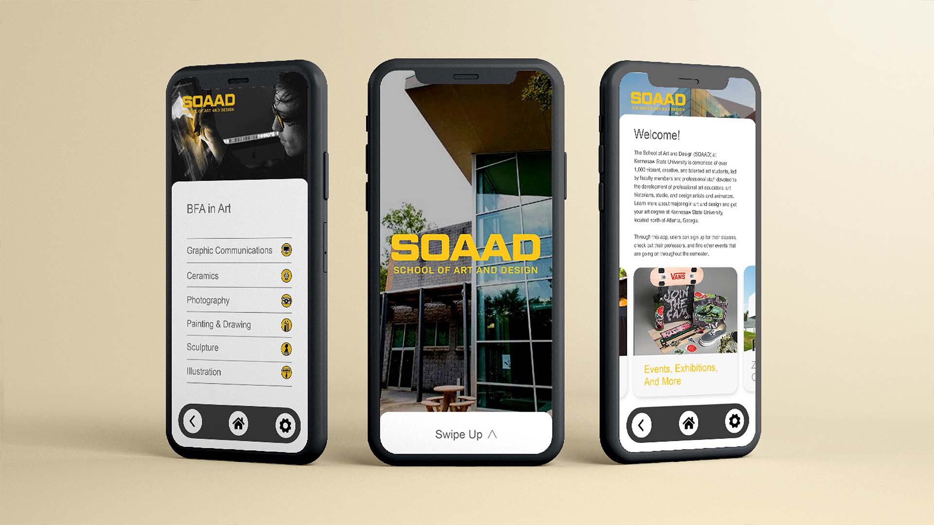  / “SOOAD App,” Digital, UI/UX design, 2021. KSU School of Art and Design phone app dedicated for Graphic Communications students attending KSU. 