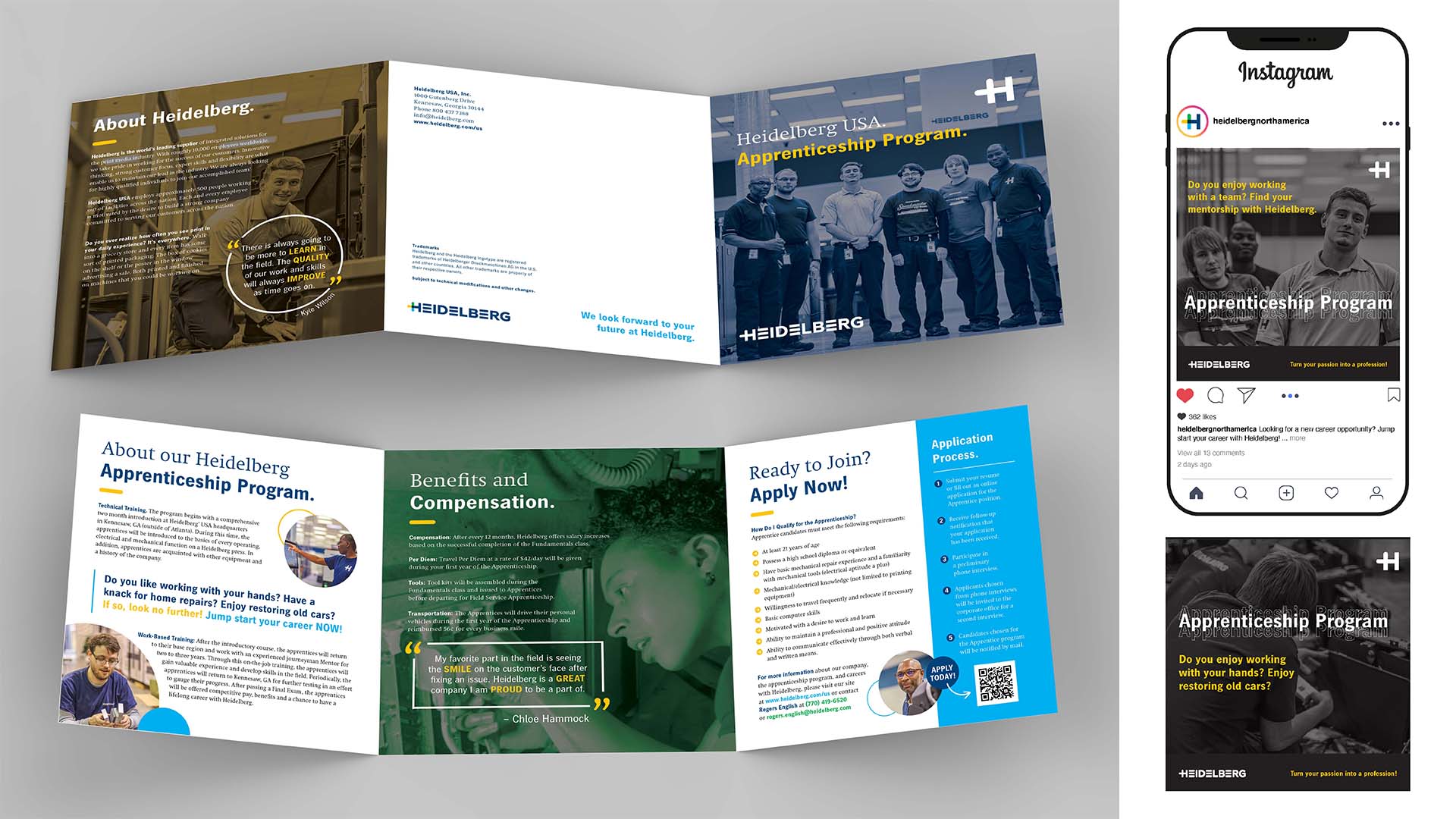  / “Heidelberg Apprenticeship Program,” Print & Digital, 30 inches X 10 inches brochure & social media posts, 2021 A brochure and social media posts created for the recruitment of technicians for the Heidelberg Apprenticeship Program. 