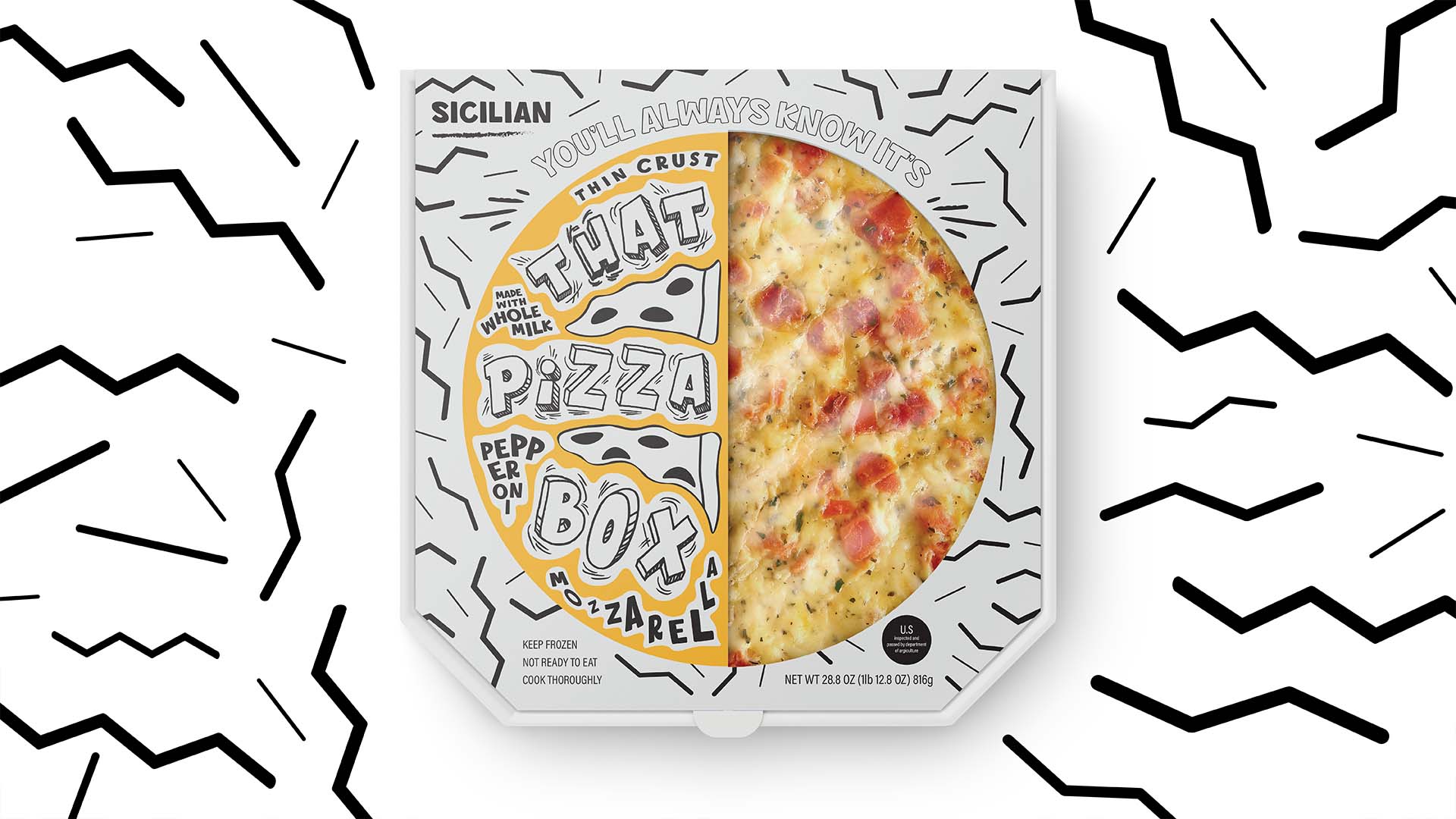  / “That Pizza Box,” Print, 16 inches X 18 inches cardboard box, 2021. A frozen pizza package designed to stand out. 