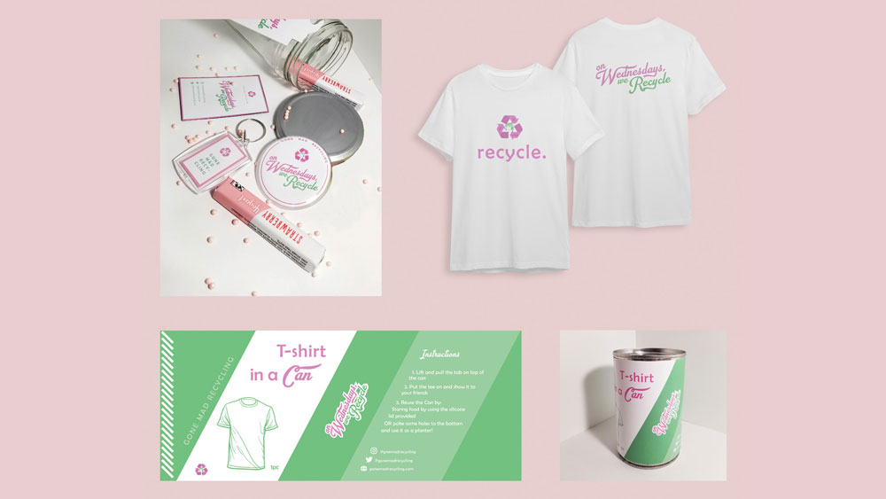  / Branding | Advertising, 27 x 15 inches, 2020. A group project for a non-profit recycling organization called Gone Mad. These are my designs for the brand deliverables. 