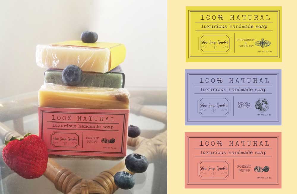  / Packaging Design | Logo Design , 2 x 3 inches , 2020. The soap labels and logo were designed to replace the old soap labels for a small business.  