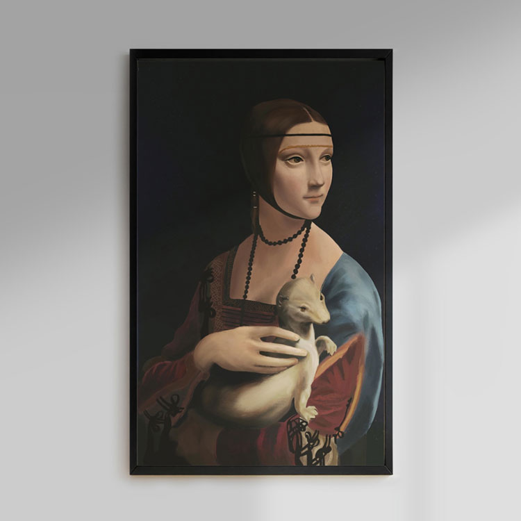  / n
“Lady with an Ermine,” digital illustration, 7 x 14 inches, 2020. This is a digital recreation of Leonardo da Vinci’s famous painting.  