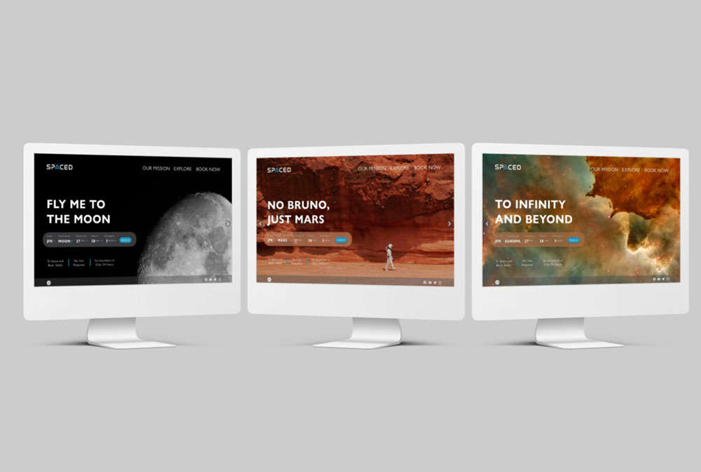  / “SPACED,” website homepage, 2020. This homepage introduces viewers to SPACED space tourism.  