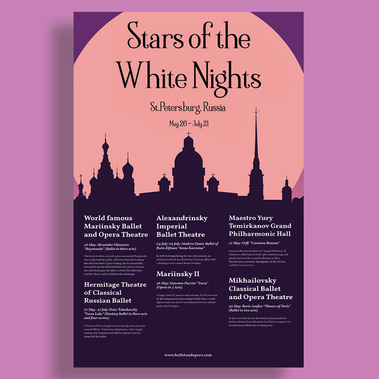  / “Stars of the White Nights”, event poster, 11 x 17 inches, 2019. This is a poster design for the Stars of the White Nights event in St. Petersburg, Russia. 