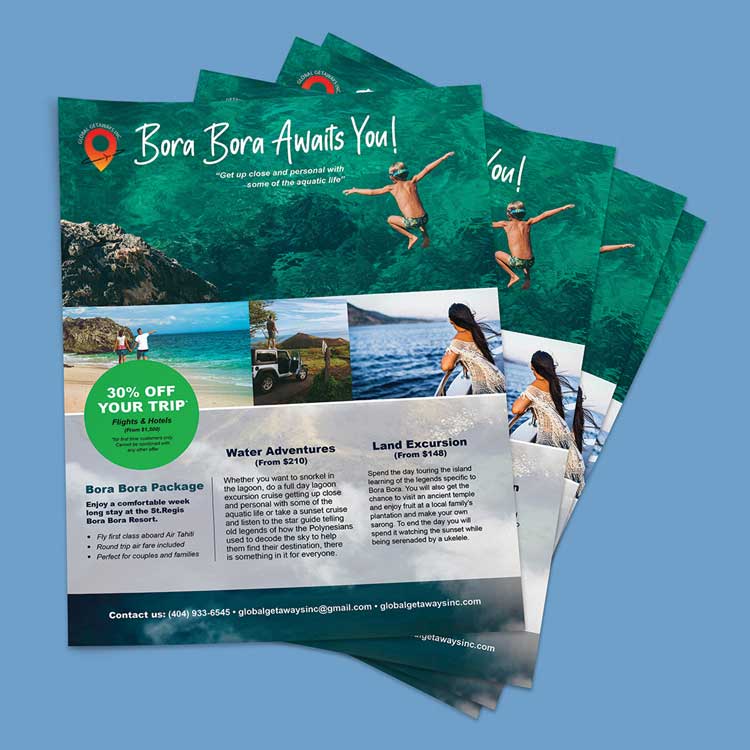  / “Bora Bora Travel Flyer”, travel flyer, 8.5 x 11 inches, 2020. This flyer was created to showcase one of the travel company’s packages to potential customers. 
