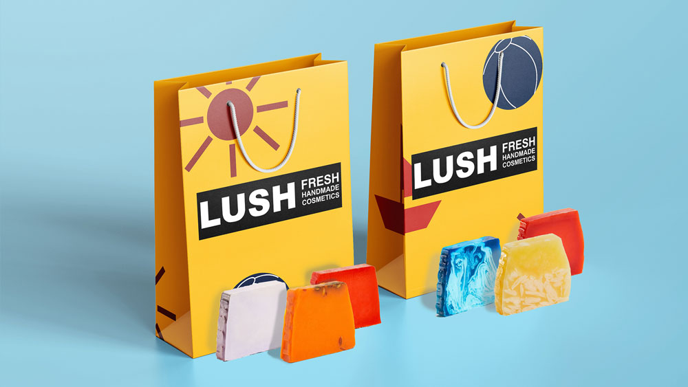  / “Lush Shopping Bag”, shopping bag, 10 x 5 x 13 inches, 2020. In this two-part assignment, we were supposed to redesign soap labels for an organic brand’s soap and then create a container in which the soaps would be carried. 