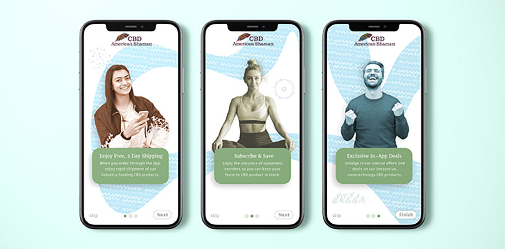  / “American Shaman Onboarding,” Mobile App, 1125 x 2436 pixels, 2021. This is ui/ux onboarding app design for American Shaman, a CBD snd Wellness Company. 