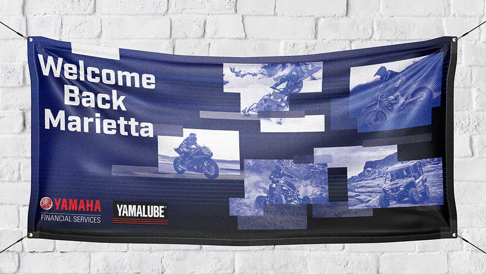  / “Welcome Back Banner,” Banner, 5.5 x 2.5 feet, 2021. This banner was made during my internship at Yamaha. It introduces the motorsports section of company back to the office since many had been working remotely. 