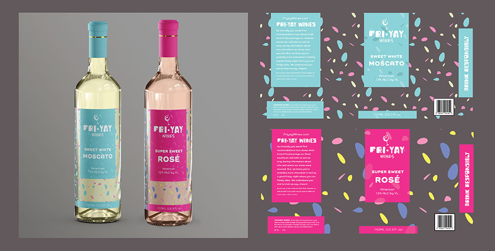  / “Wine Glass Packaging,” Bottle Label Design, 6 x 3 inches, 2021. This a wine bottle series created for young adult women. 