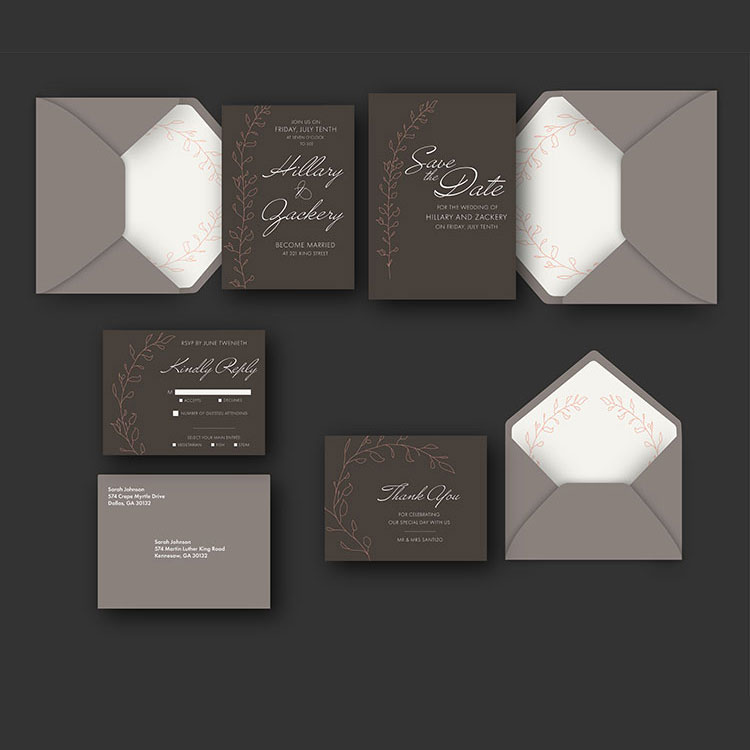  / “Night Wedding,” Stationery Design, 4.5 x 6.25 inches; 5 x 7 inches; 5.5 x 4.25 inches; 5.5 x 4.25 inches, 2021. This is a wedding stationery set for a night wedding. 
