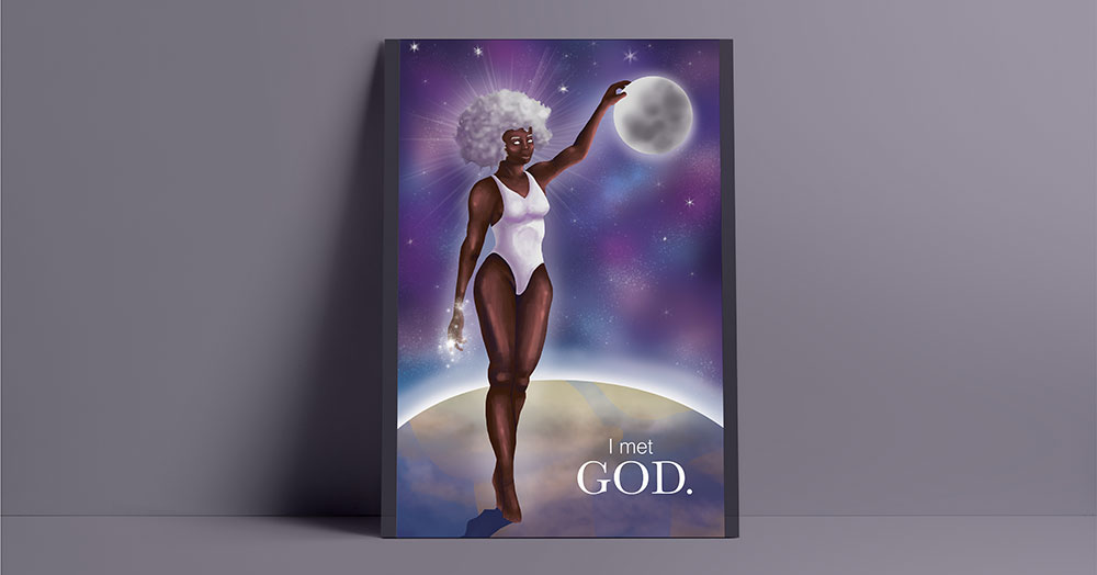  / “God Illustration,” Digital Illustration, 11x17 inches, 2020. This illustration is inspired by Alan Watt’s talk of an astronaut who saw God as a black woman. 