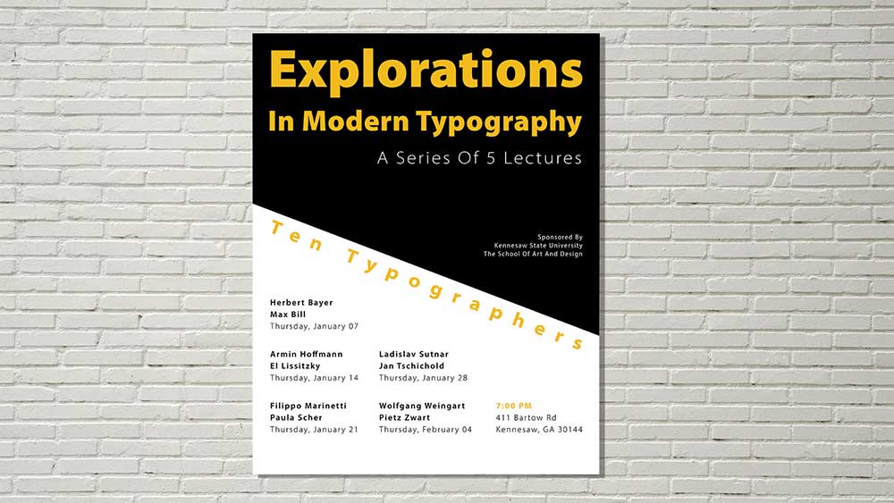  / “Explorations In Modern Typography,” event poster, 18 x 24 inches print, 2020. This poster promotes an event hosted by Kennesaw State University. 