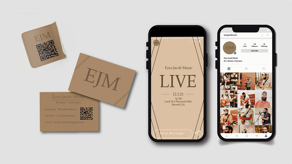  / “Ezra Jacob Music,” brand campaign, print and digital, 2021. A branding campaign including business card, promo sticker, and social media content. 