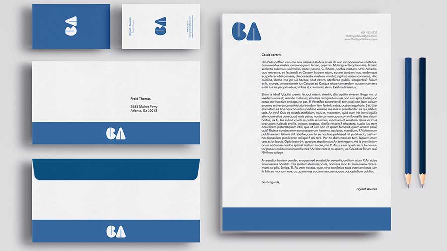  / “B.A. ID System,” Letterhead: 8.5 x 11 inches, Envelope: 4.125 x 9.50 inches, Business Card: 3 x 2.5 inches, 2022. This was created to emphasis the brand image. 