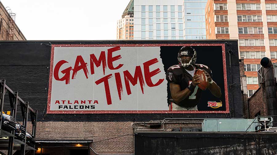  / “Falcons Rally Billboard,” motivational advertisement billboard for Falcon fans, 28x11 feet print ad. 2021. Made to get fans excited for game day with the sponsor of Z93. 