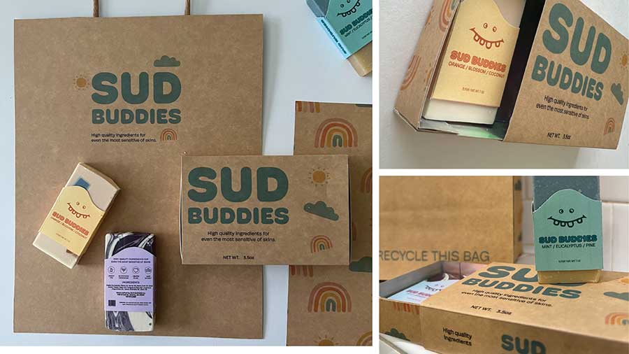  / “Sud Buddies,” packaging design, 2022. Hand soap label, container, and bag. 