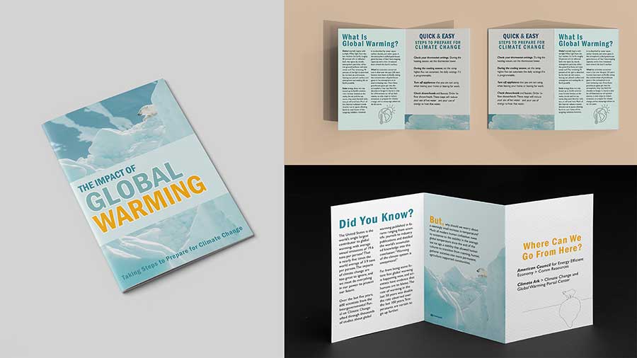  / “Global Warming,” Brochure, 11 x 17 inches print ad, 2021. This brochure is about the impacts of Global Warming. 