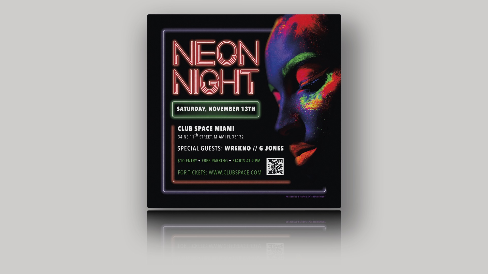  / “Neon Night,” Club Space Miami promotional flyer, 5 x 5 inches print, 2022. This is a promotional flyer to help Club Space Miami promote their neon night event. 