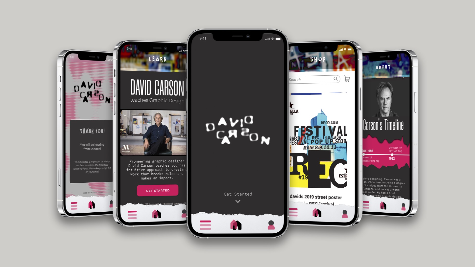  / “David Carson App Prototype” portfolio app prototype, digital devices, 2022. This is a functioning prototype to show the potential of this app design to the customer. 
