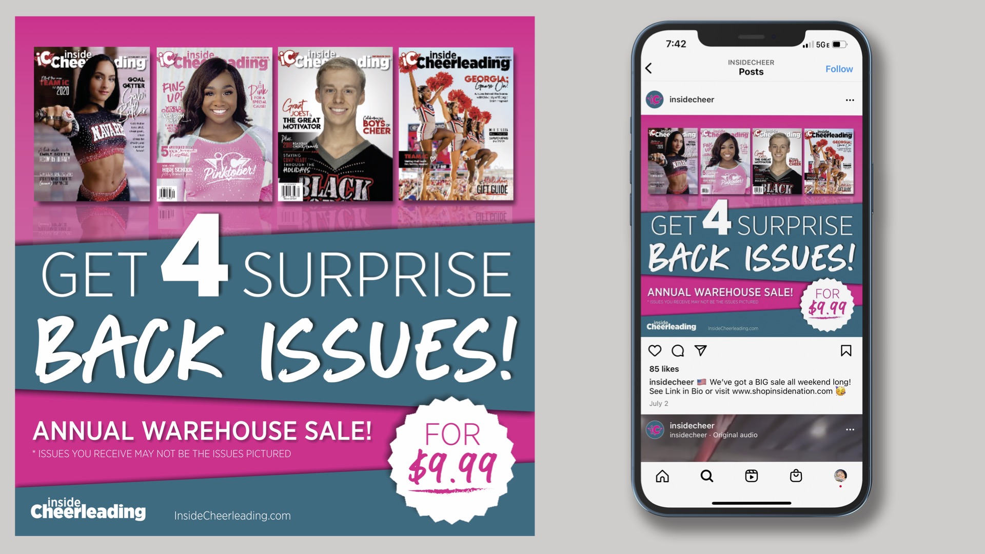  / “Back Issue” social media ad, digital devices, 2022. This is a social media ad post to promote Inside Cheerleading’s back issue sale. 