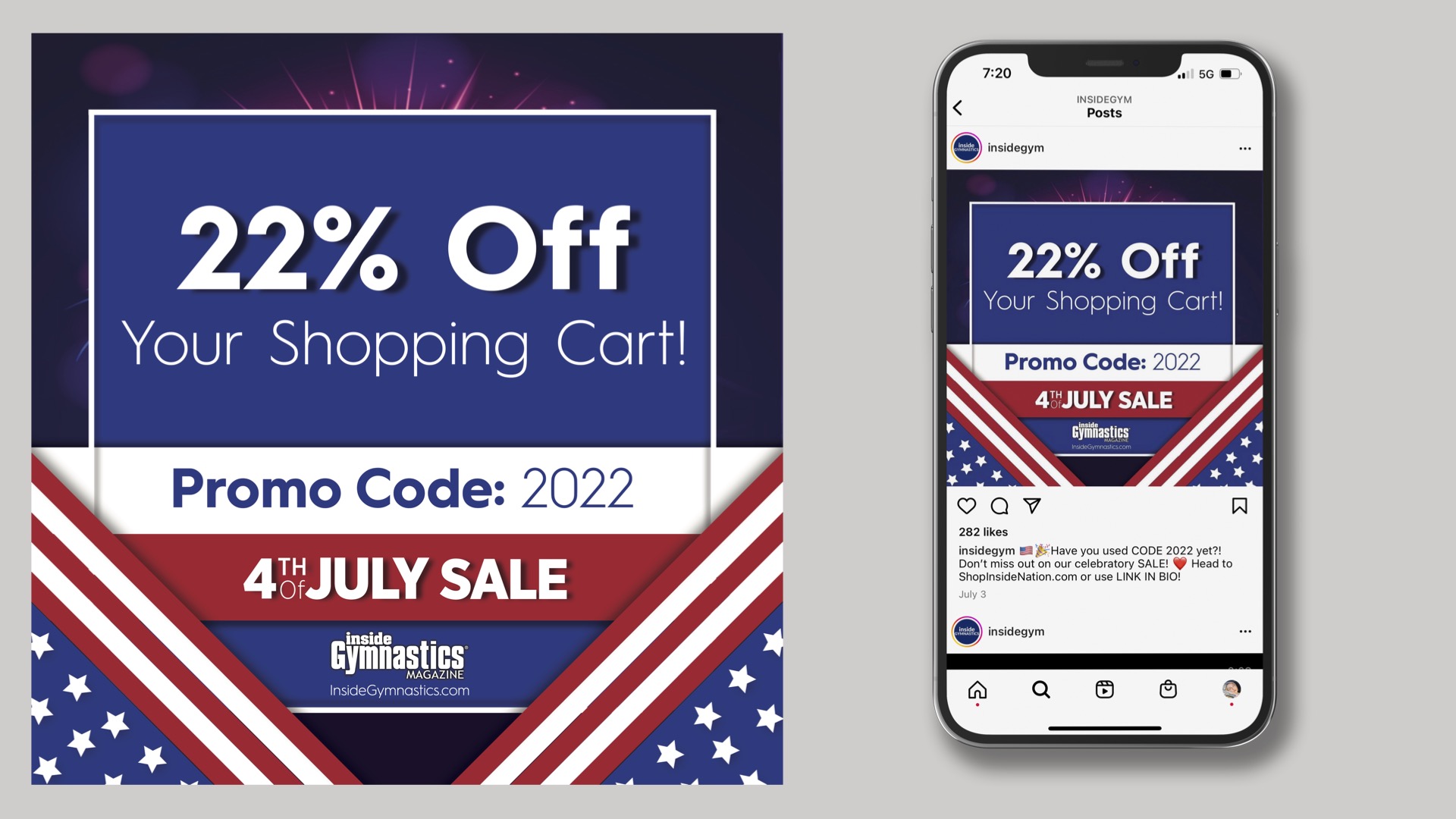  / “4th of July” social media ad, digital devices, 2022. This is a social media ad to promote Inside Gymnastics’s 4th of July sale. 