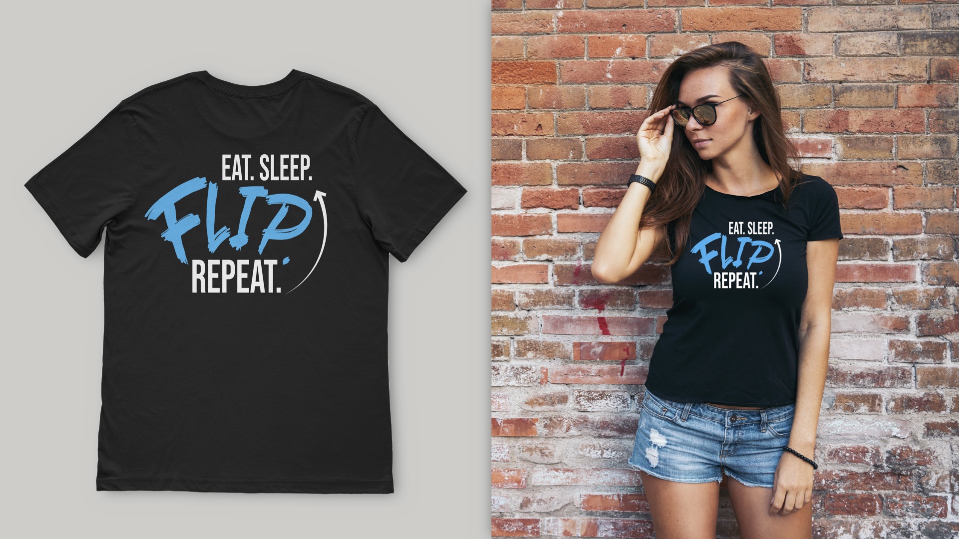 / “Eat, Sleep, Flip, Repeat,” t-shirt design, product, 2022. This t-shirt was designed for Inside Gymnastics as an apparel item for sale. 