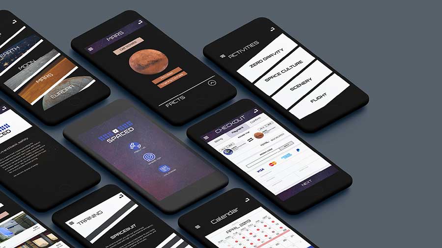  / “SPACED.” UI/UX app design, 2019. An innovative and easy app to prepare and travel to space.
