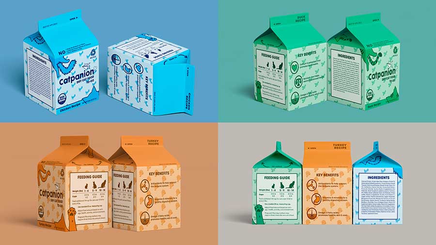  / “Catpanion Cat Food.” Package design, 2022. Cat food that is easy to travel, sustainable, and eye-catching. 