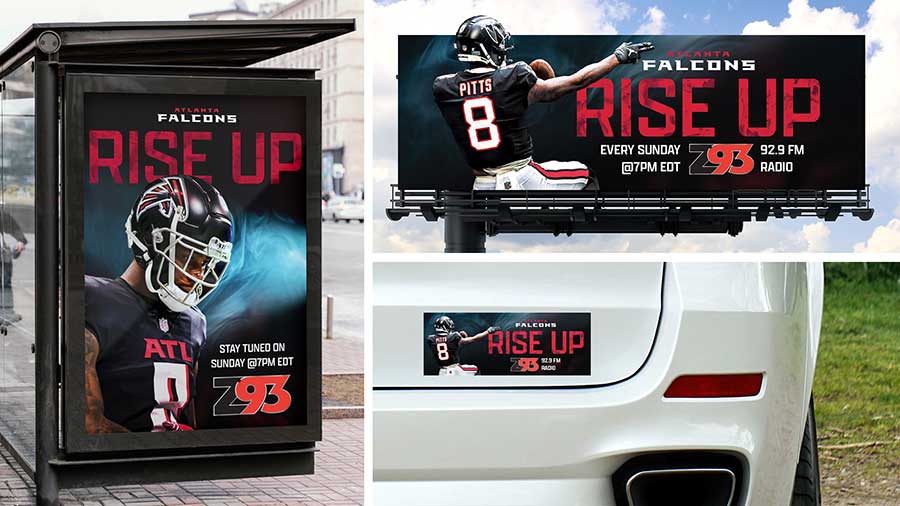  / “Falcons Collateral Ad.” Poster, billboard, and bumper sticker, 2022. Advertising the Falcons, featuring Kyle Pitts, so sports fans know where to listen about the play-offs. 