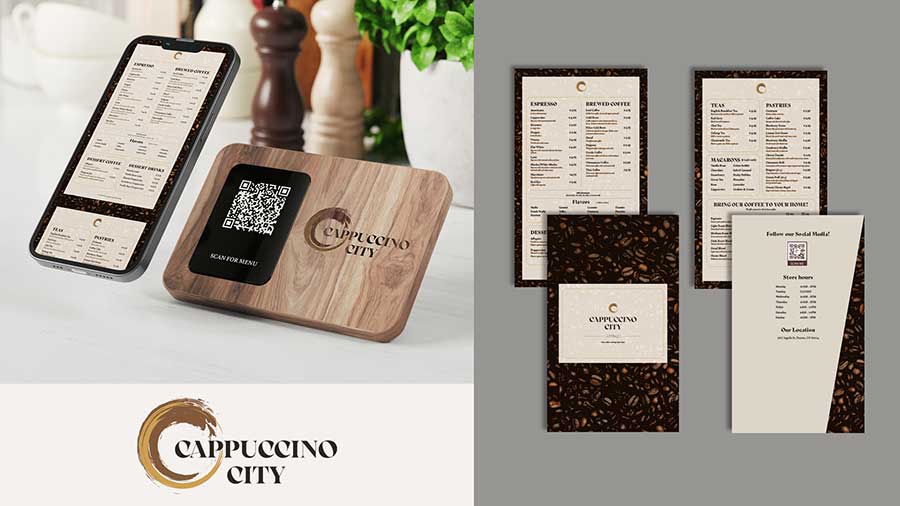  / “Cappuccino City.” Digital menu, 8.5 x 14 inches, 2022. Using a pre-existing brand and recreating its logo and menu through digital usability. 
