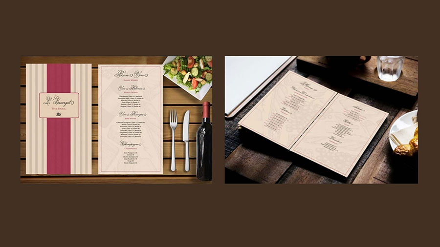  / "French Menu," French Menu Design, 6.5 x 11 inches, 2022. This newly designed menu will communicate the fresh and innovative food selections at a high-end French restaurant. 