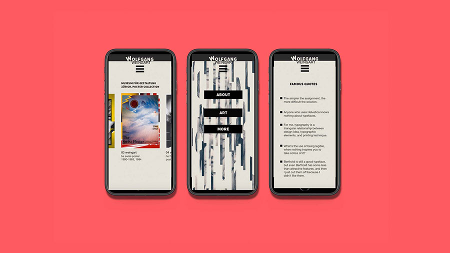  / "Wolfgang Weingart App," Wolfgang Weingart App Design, 3.07 x 6.33 inches, 2021. This application is designed to get viewers to interactively learn about Wolfgang Weingart. 